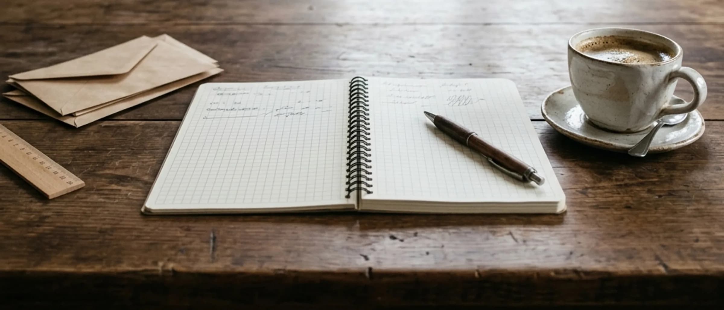 A kitchen table in morning light with an open household budget notebook, plain envelopes, a pen and a coffee.